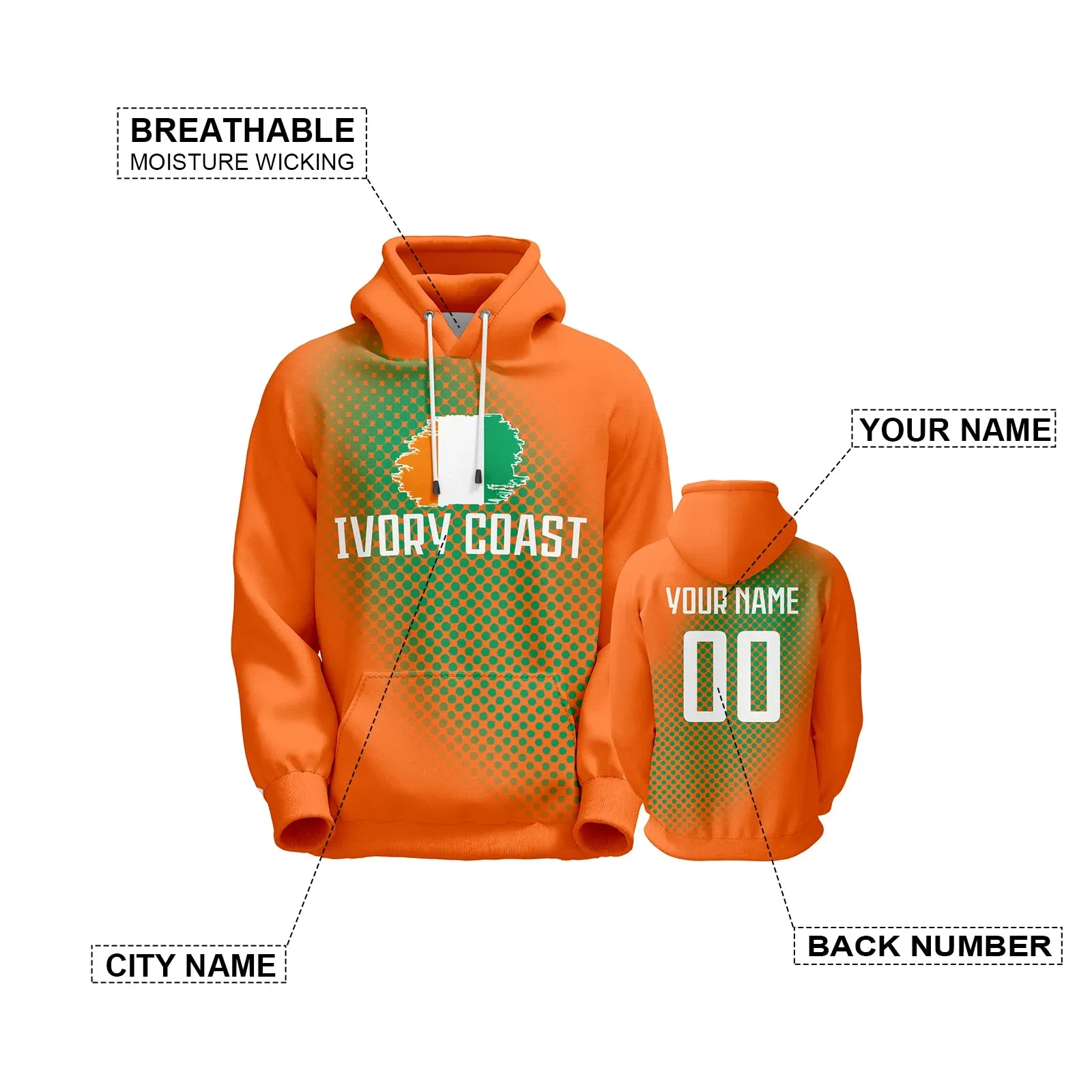 Ivory Coast Soccer Hoodie with Custom National Flag Design - Orange Pullover for Men, Women, and Youth - Perfect Football Sweatshirt Gift (S-5XL)