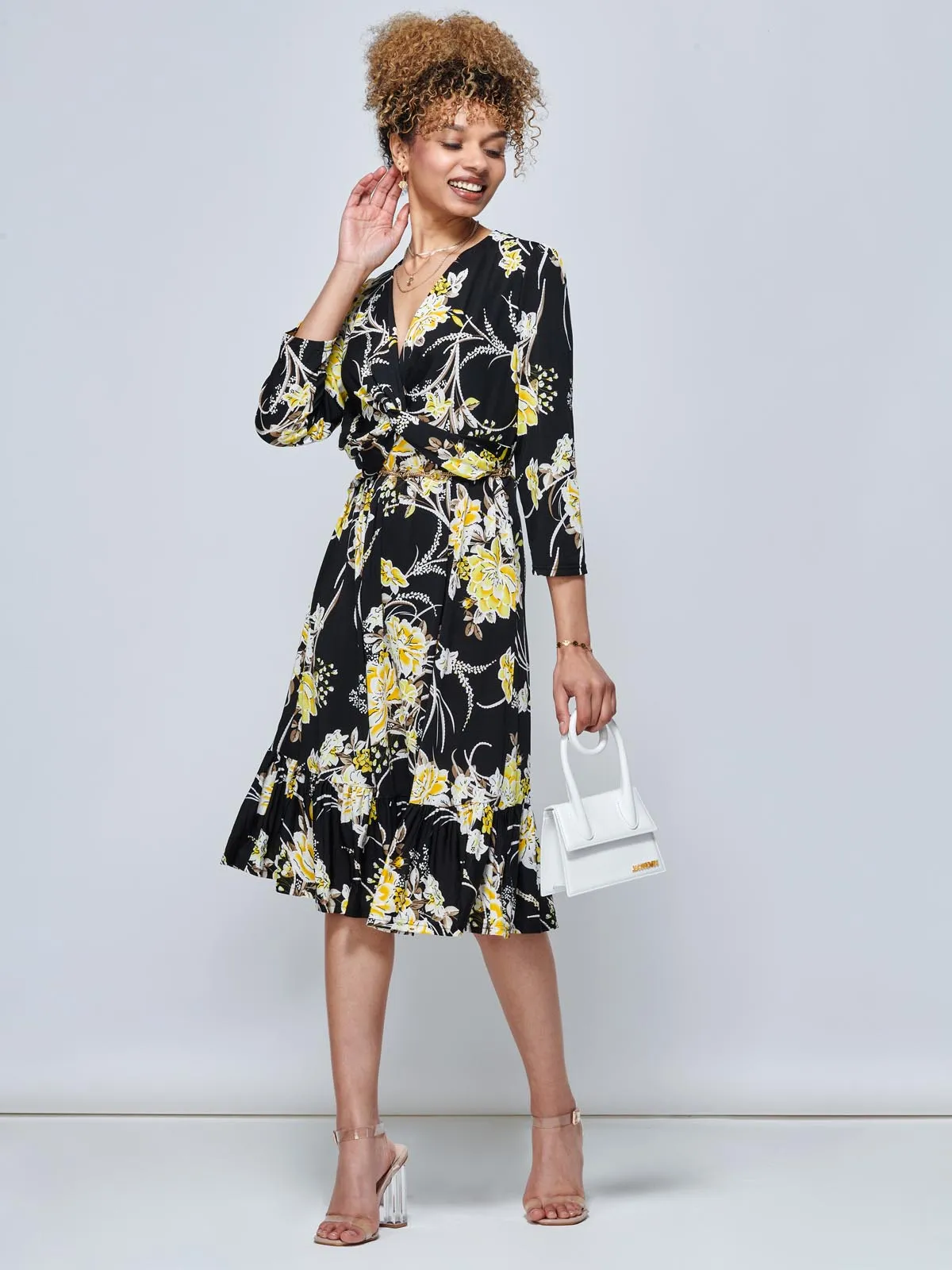 J by Jolie Moi Print Flounce Hem Midi Dress, Yellow Floral