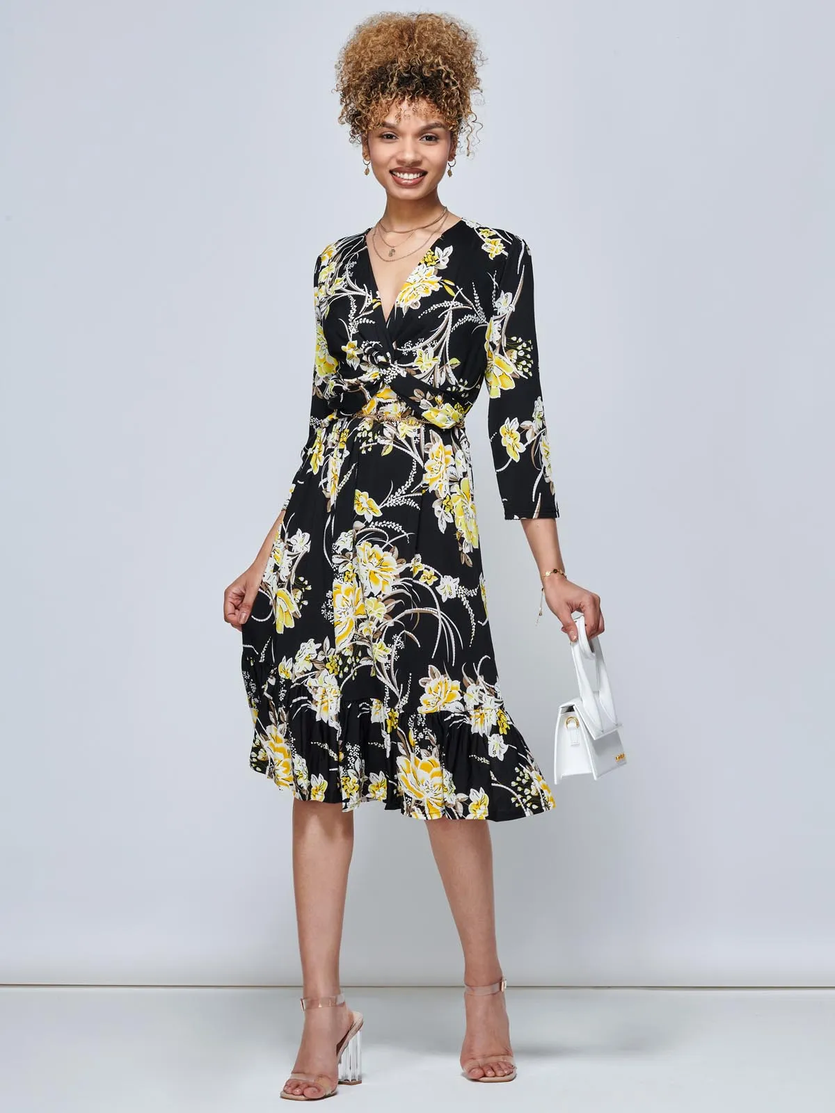 J by Jolie Moi Print Flounce Hem Midi Dress, Yellow Floral