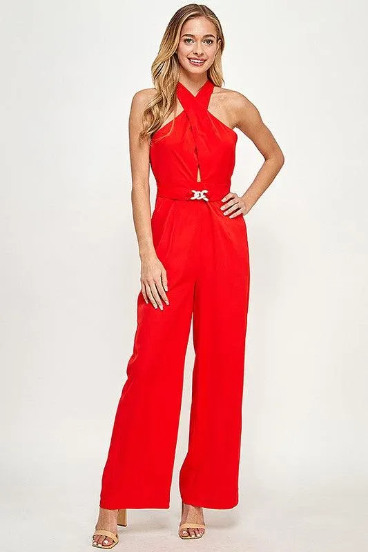 keyhole cross over halter sleeveless jumpsuit