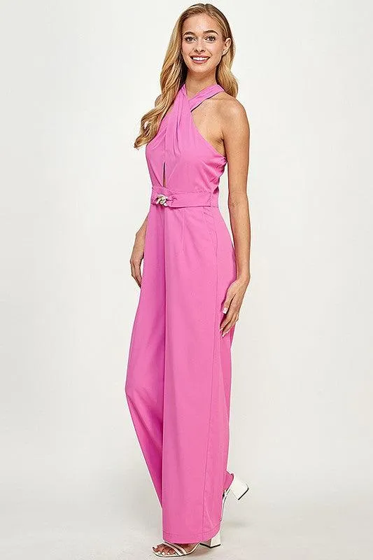 keyhole cross over halter sleeveless jumpsuit