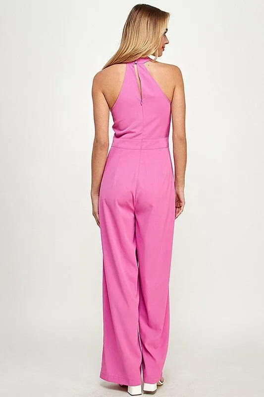 keyhole cross over halter sleeveless jumpsuit