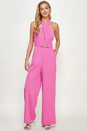 keyhole cross over halter sleeveless jumpsuit
