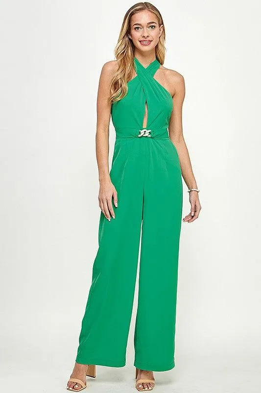keyhole cross over halter sleeveless jumpsuit