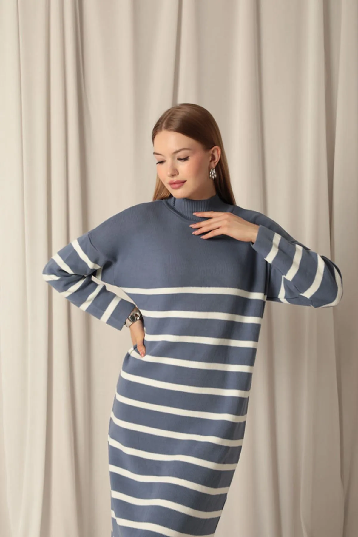 KKT Knit Fabric Turtleneck Striped Indigo Dress - Bottrop