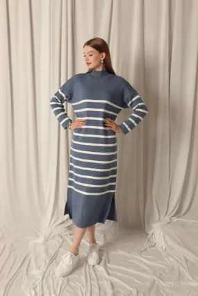 KKT Knit Fabric Turtleneck Striped Indigo Dress - Bottrop