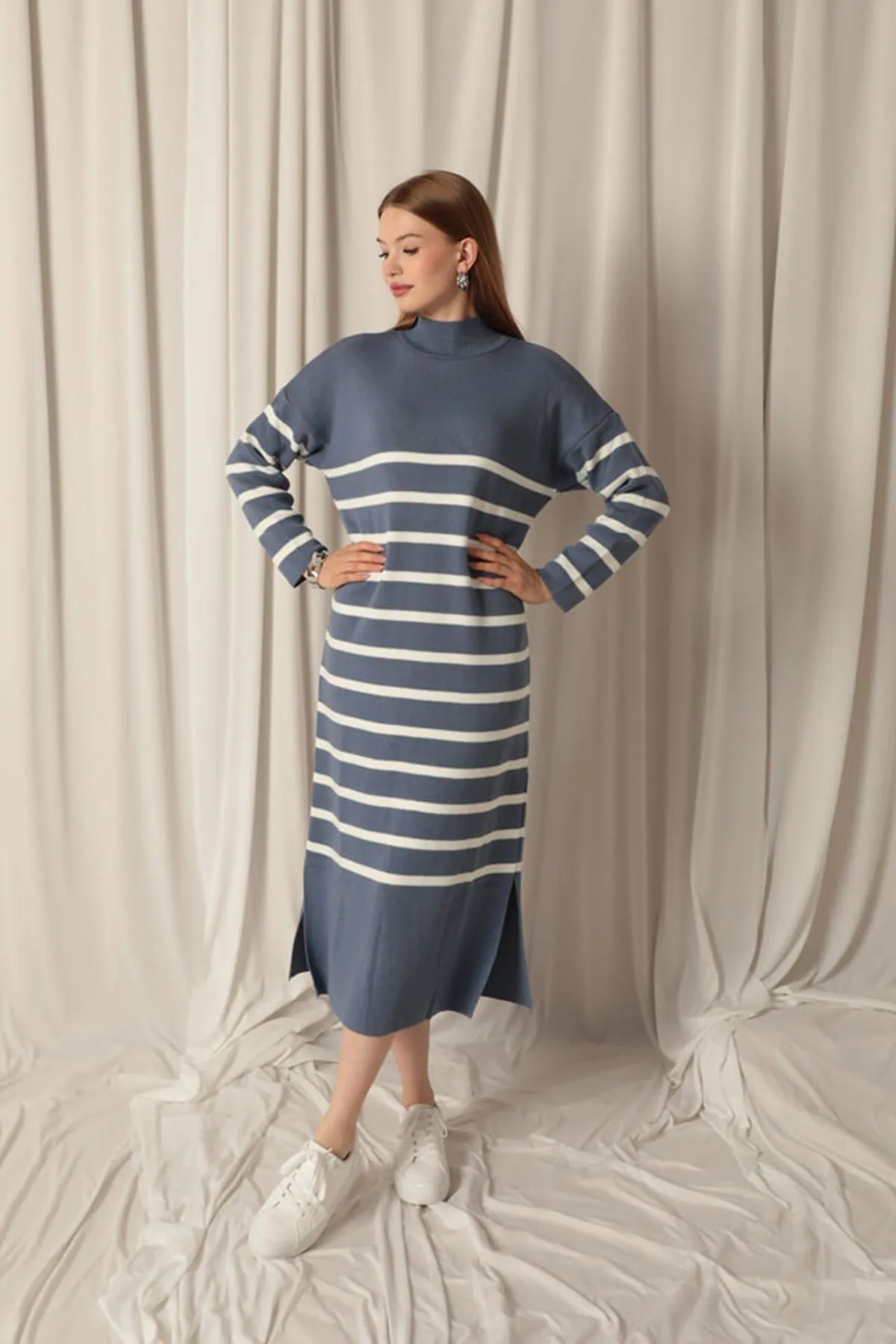 KKT Knit Fabric Turtleneck Striped Indigo Dress - Bottrop