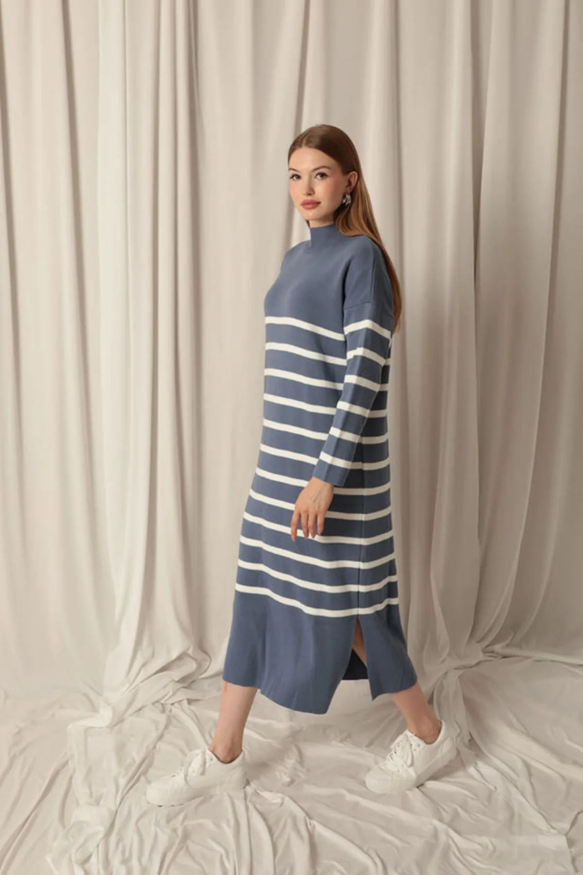 KKT Knit Fabric Turtleneck Striped Indigo Dress - Bottrop