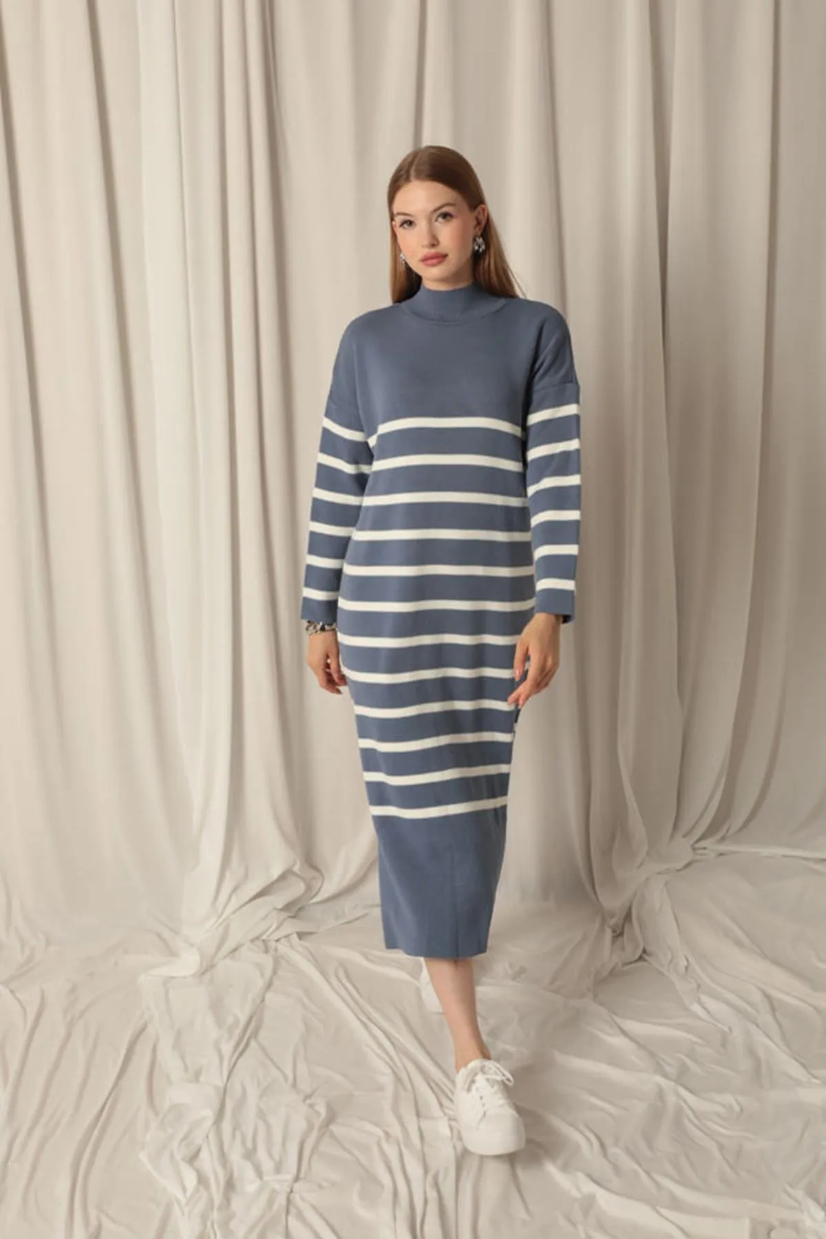 KKT Knit Fabric Turtleneck Striped Indigo Dress - Bottrop