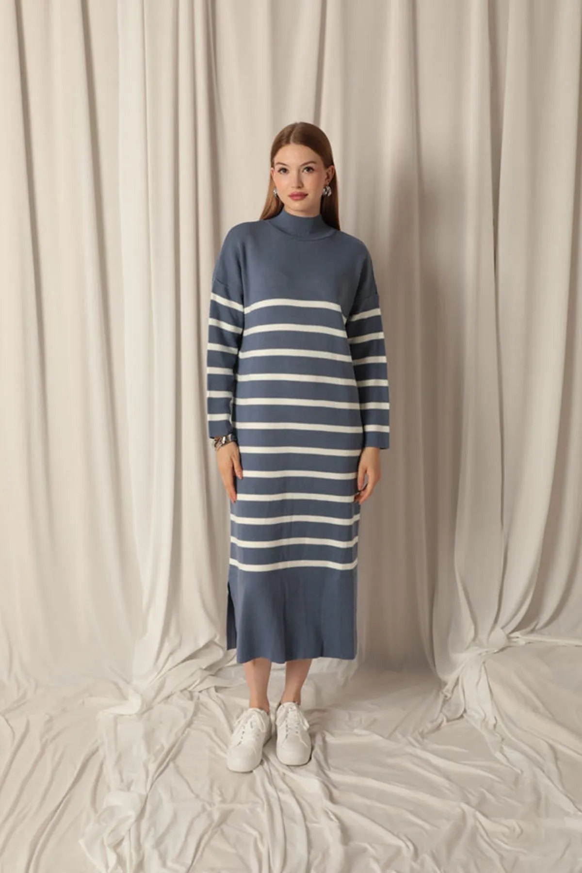 KKT Knit Fabric Turtleneck Striped Indigo Dress - Bottrop