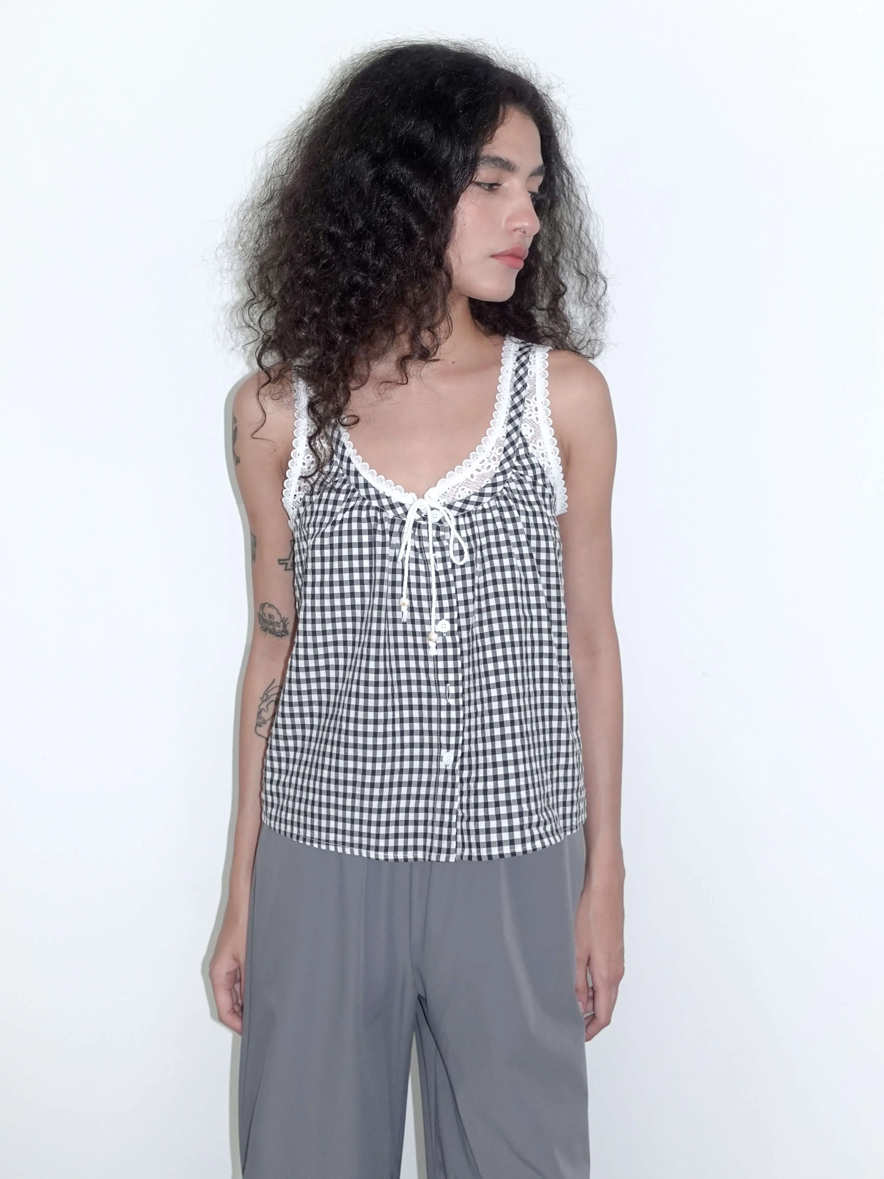 Lace Patchwork Checked Tank Top