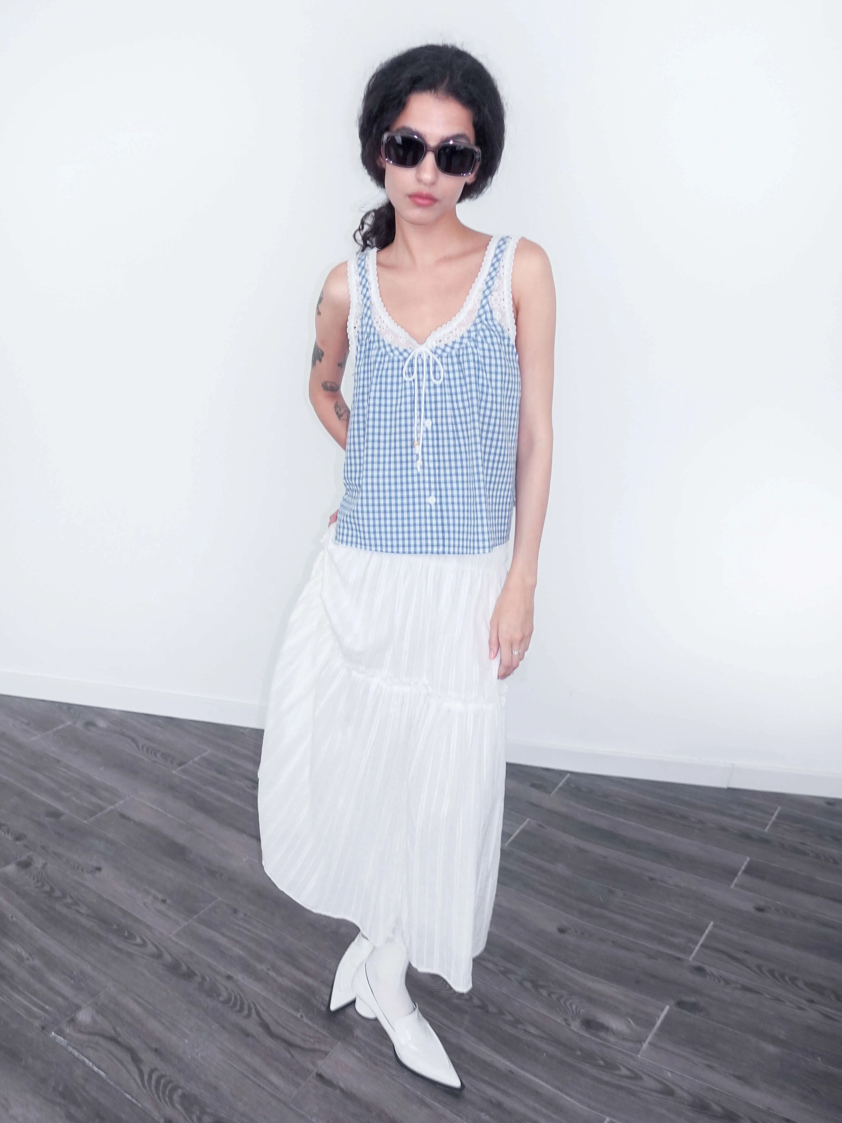 Lace Patchwork Checked Tank Top