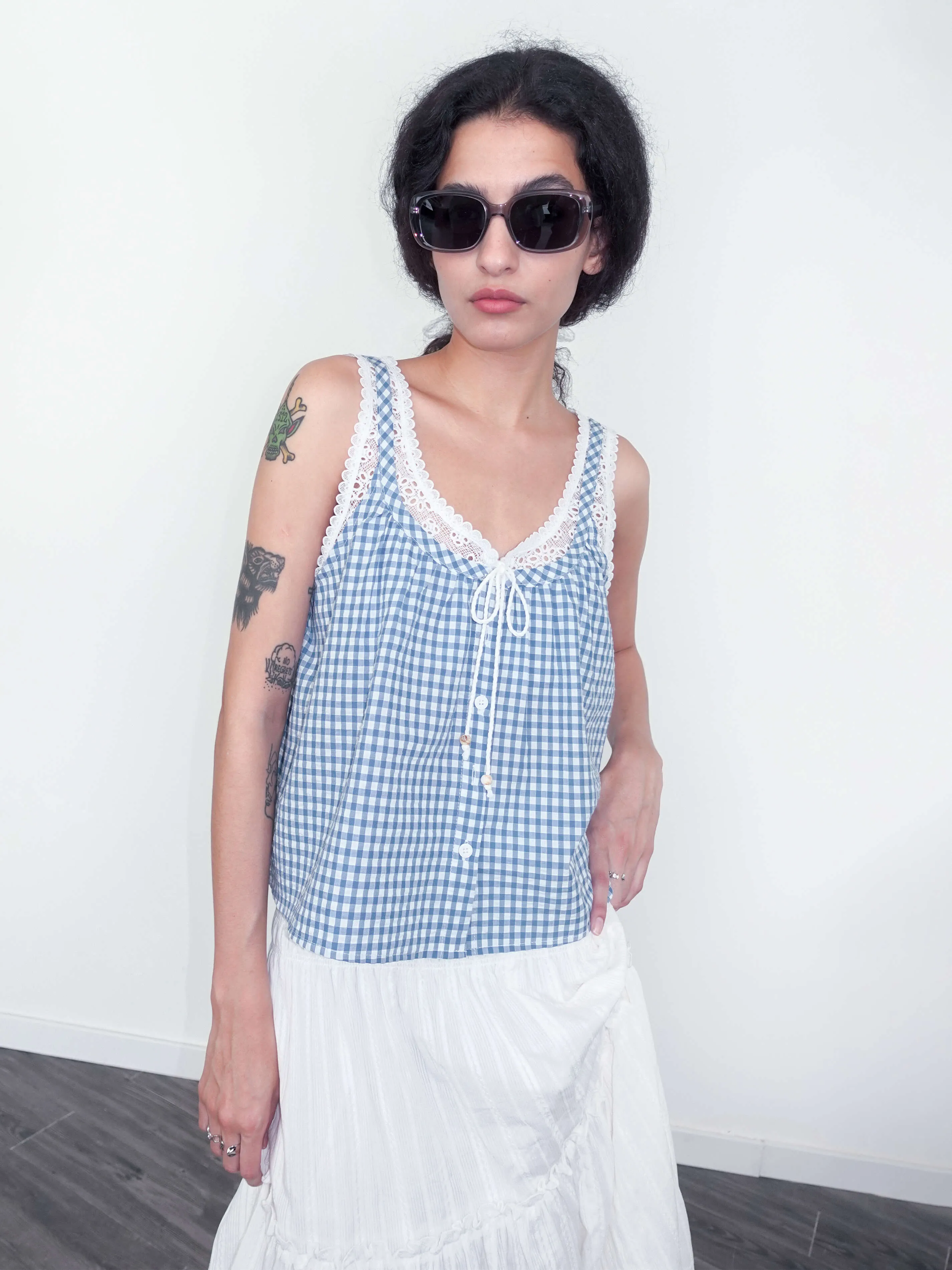 Lace Patchwork Checked Tank Top