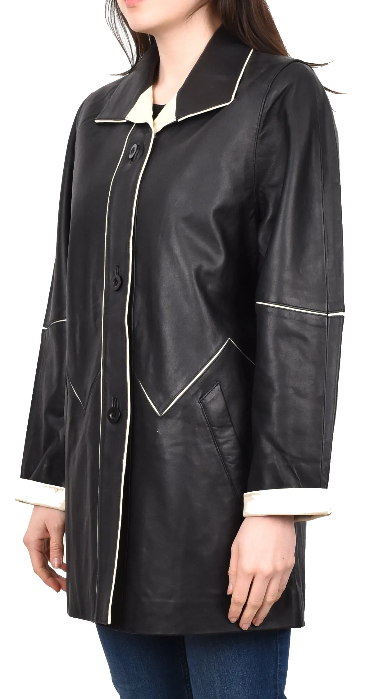 Ladies Classic Parka Real Leather Coat Trim Jacket Black-Beige Elara