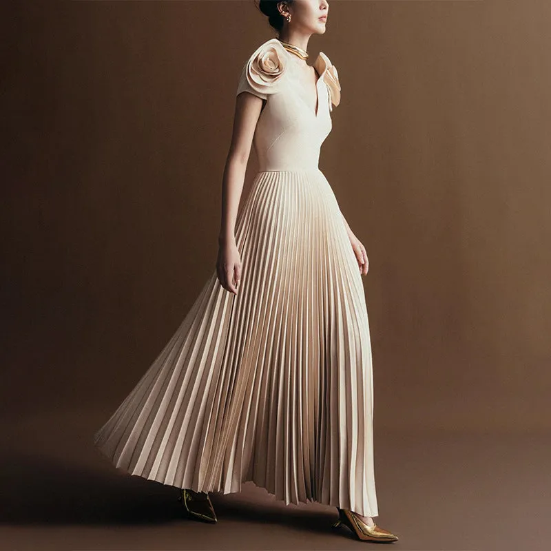 Large Floral V Neck Pleated Maxi Formal Dress