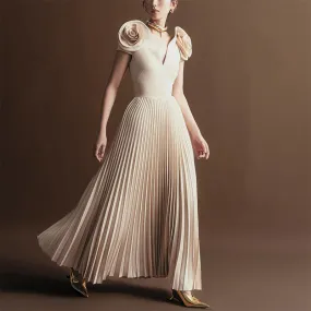 Large Floral V Neck Pleated Maxi Formal Dress