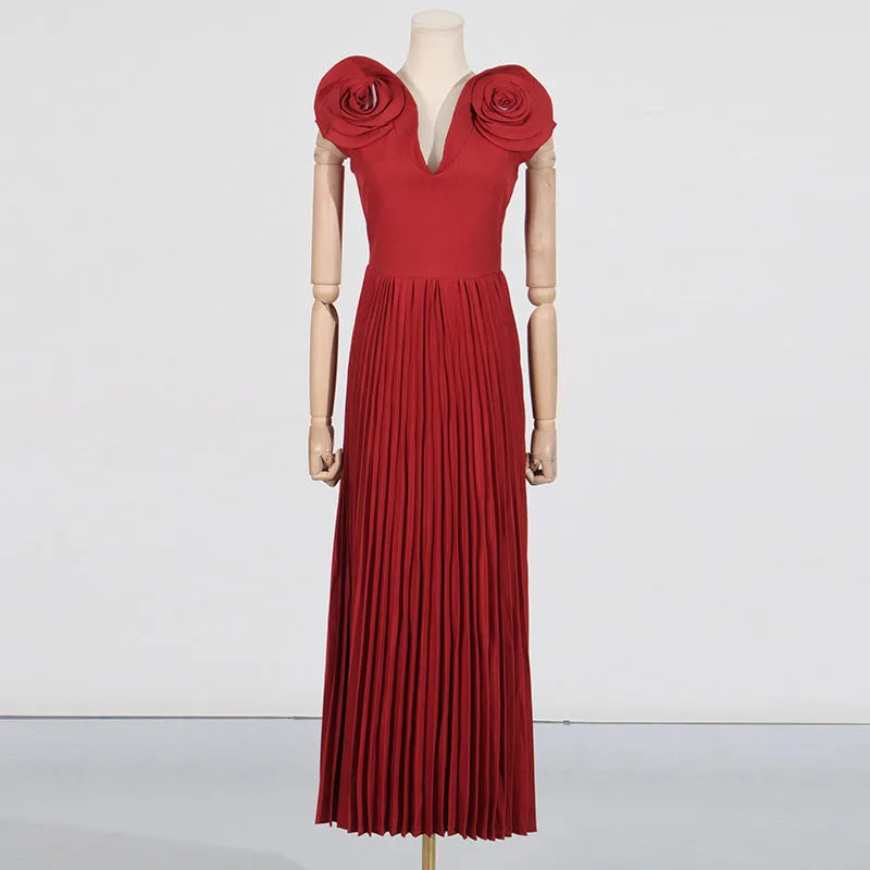 Large Floral V Neck Pleated Maxi Formal Dress