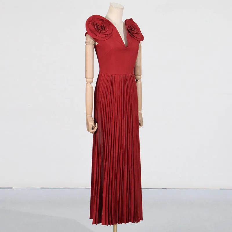 Large Floral V Neck Pleated Maxi Formal Dress