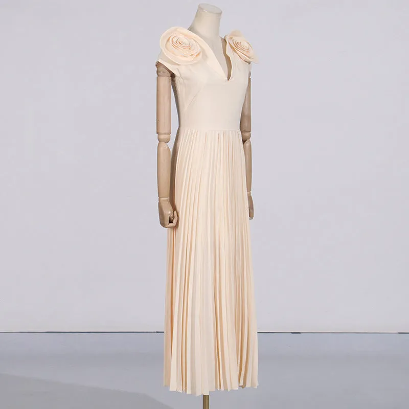 Large Floral V Neck Pleated Maxi Formal Dress