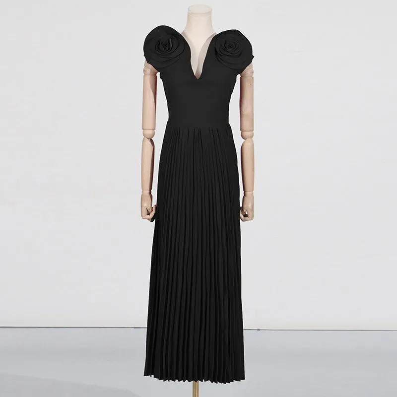Large Floral V Neck Pleated Maxi Formal Dress