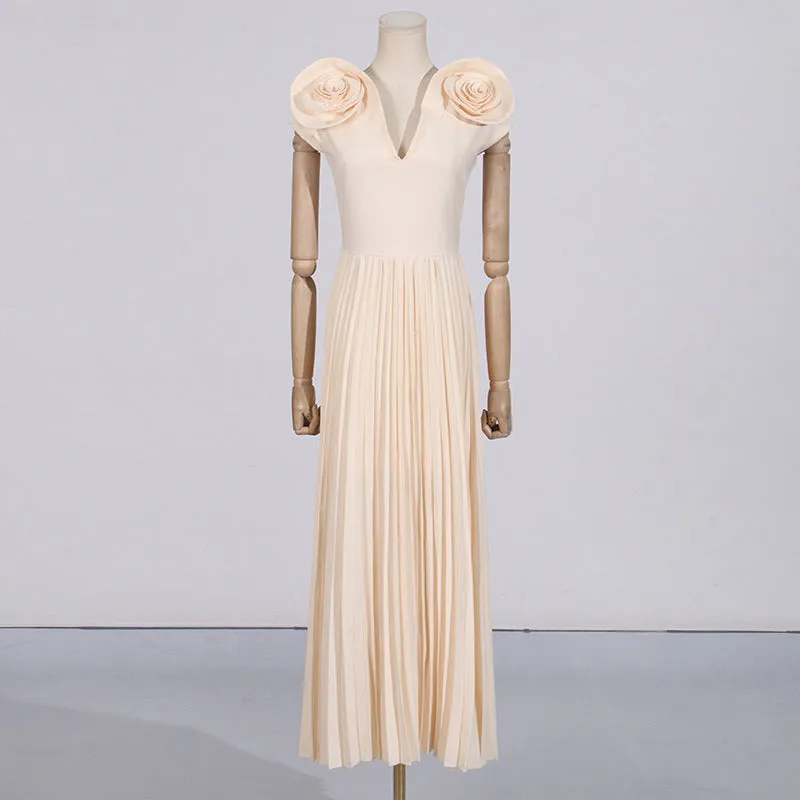Large Floral V Neck Pleated Maxi Formal Dress