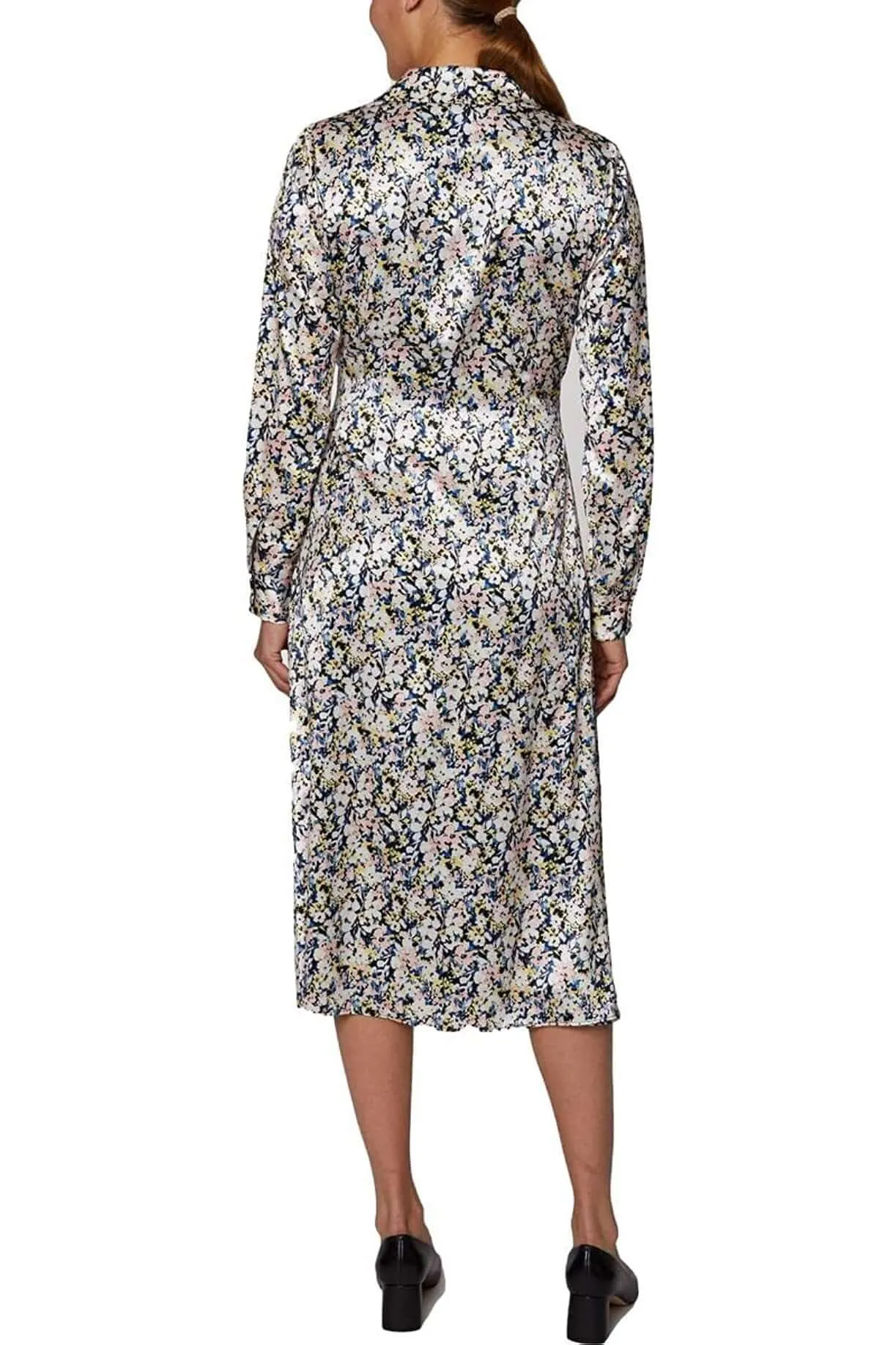 Laundry Collared Long Sleeve Button Down Tie Waist Floral Print Satin Dress