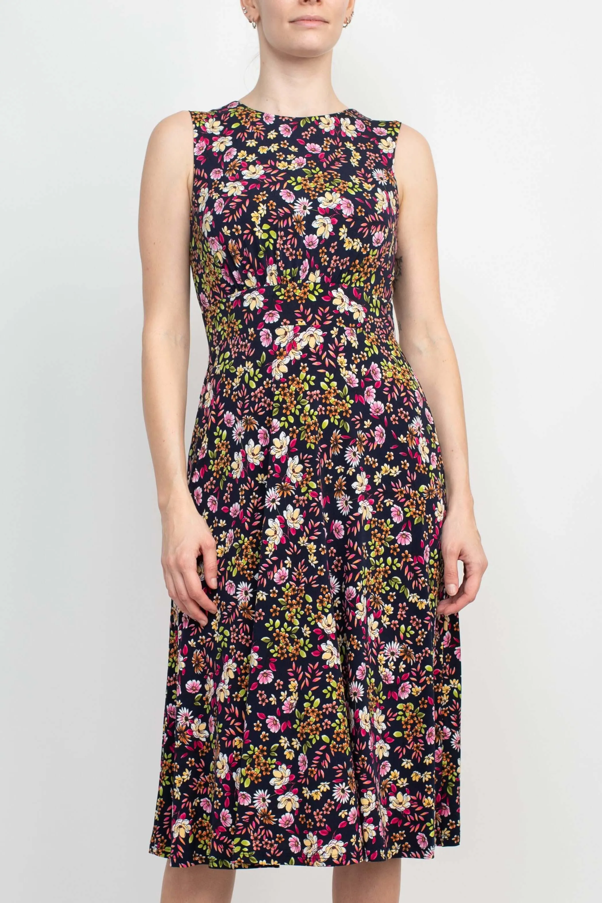 London Times Crew Neck Sleeveless Banded Waist Zipper Back Floral Print Fit & Flare Matte Jersey Dress
