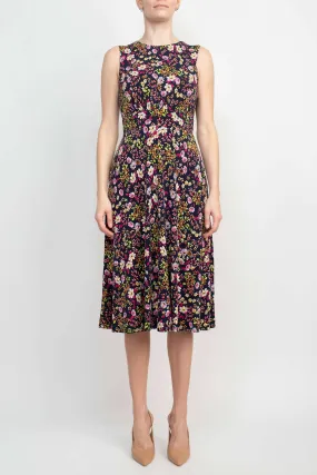 London Times Crew Neck Sleeveless Banded Waist Zipper Back Floral Print Fit & Flare Matte Jersey Dress