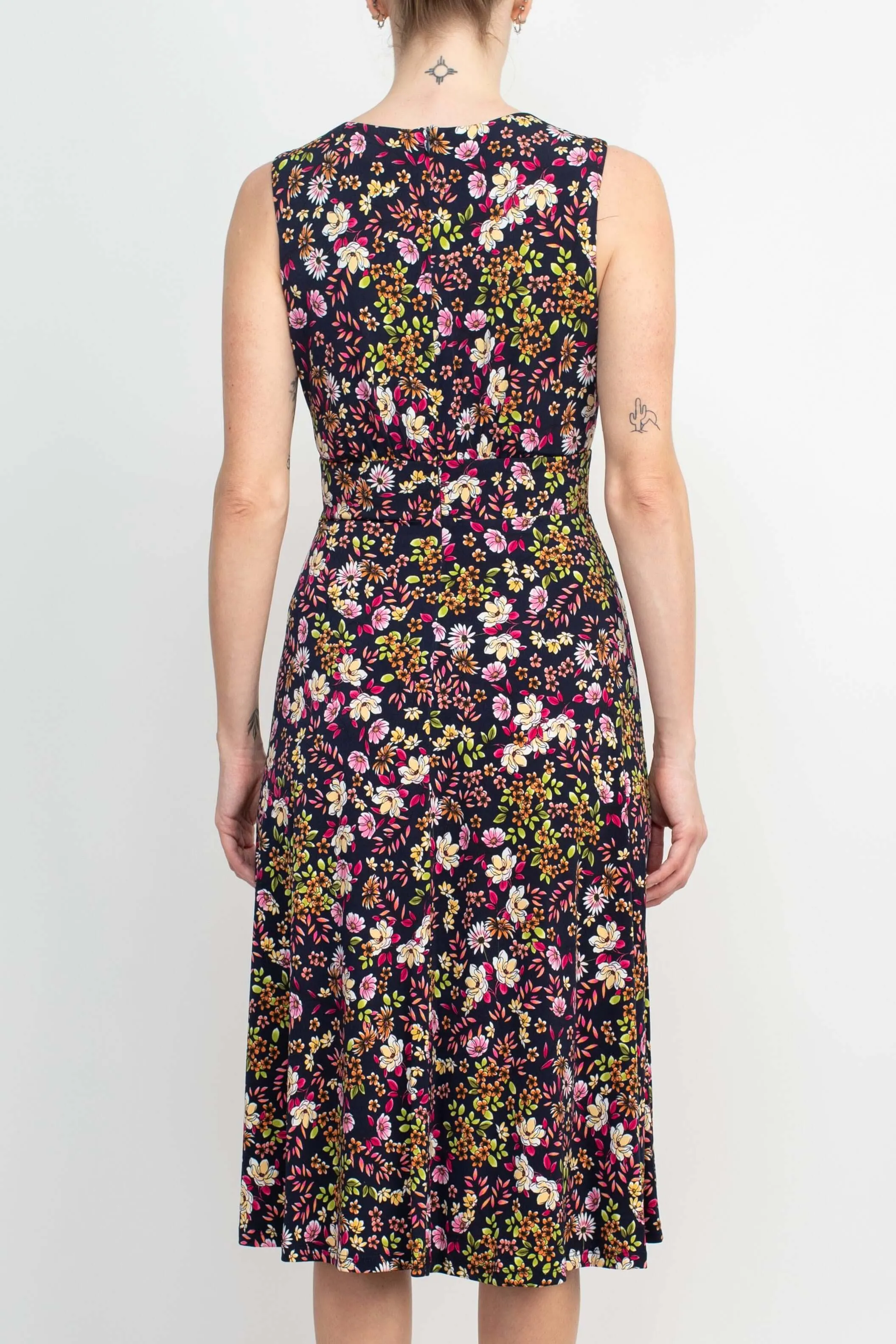 London Times Crew Neck Sleeveless Banded Waist Zipper Back Floral Print Fit & Flare Matte Jersey Dress