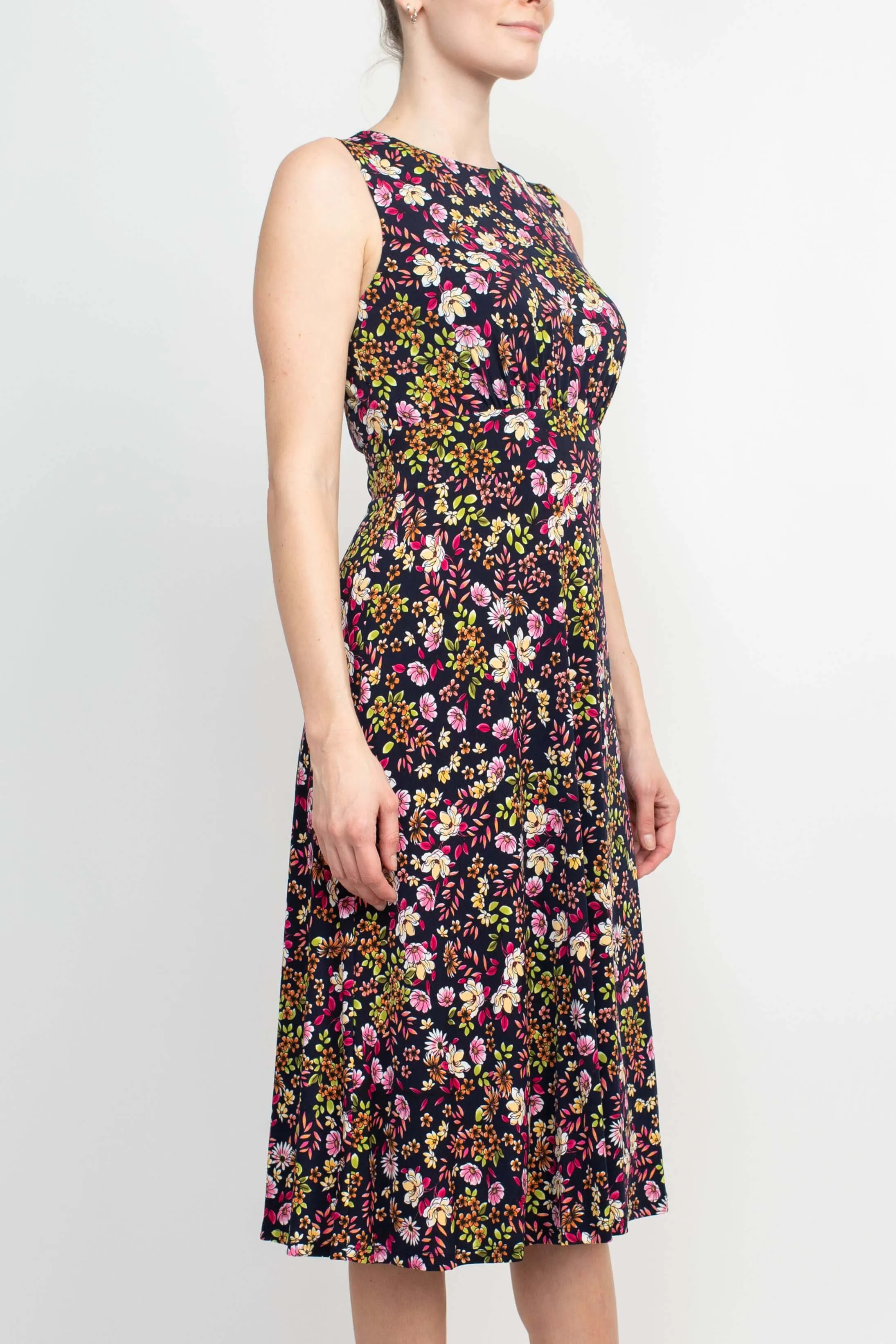 London Times Crew Neck Sleeveless Banded Waist Zipper Back Floral Print Fit & Flare Matte Jersey Dress