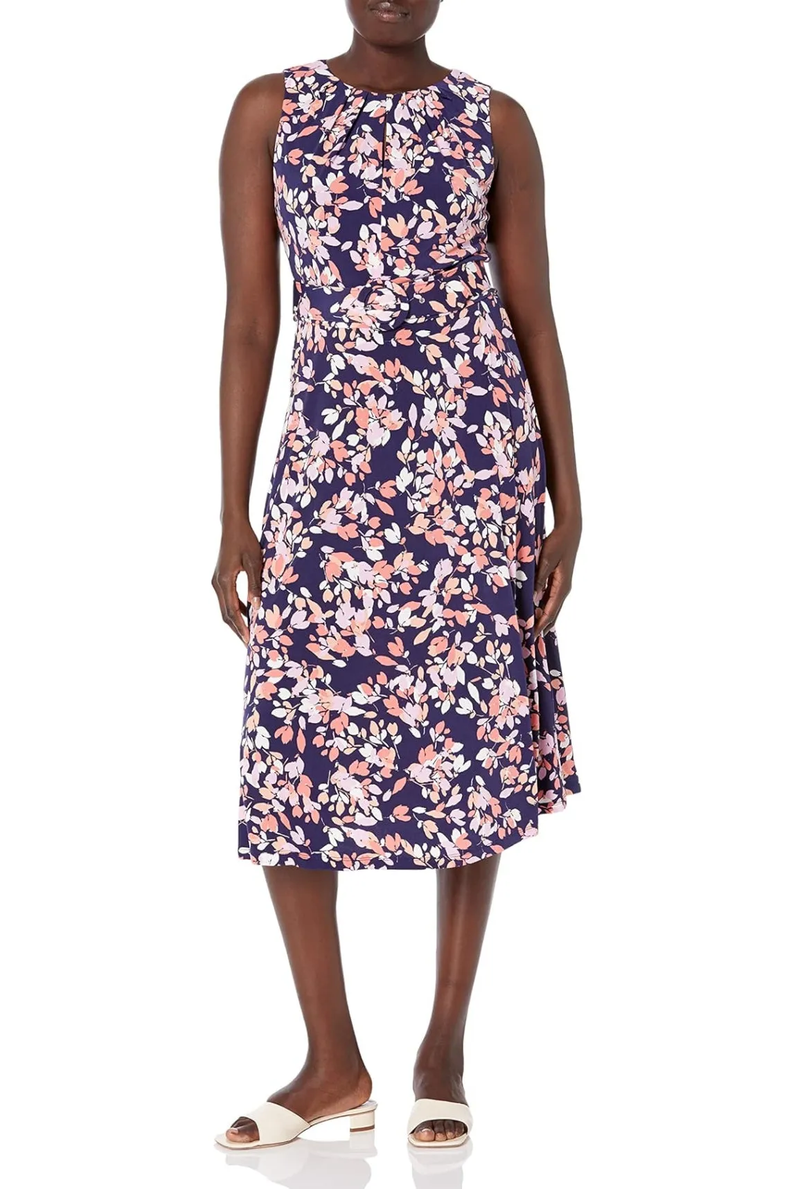 London Times Matte Jersey Sleeveless Keyhole Belted Midi Dress