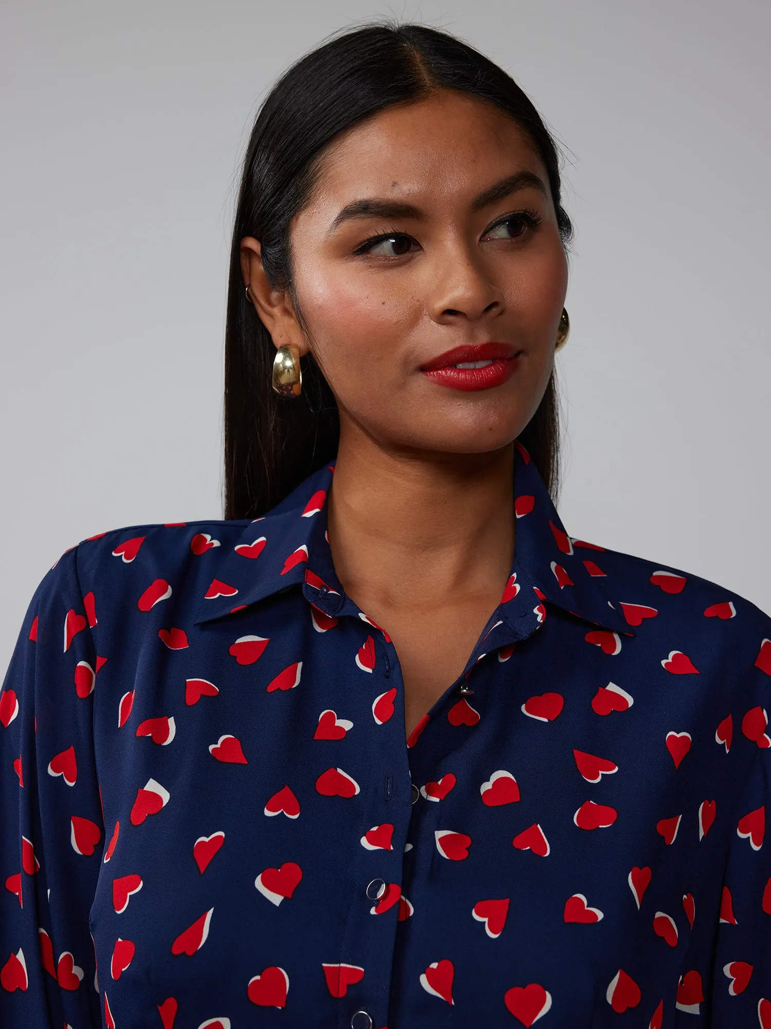 Long Sleeve Heart Print Shirt Dress