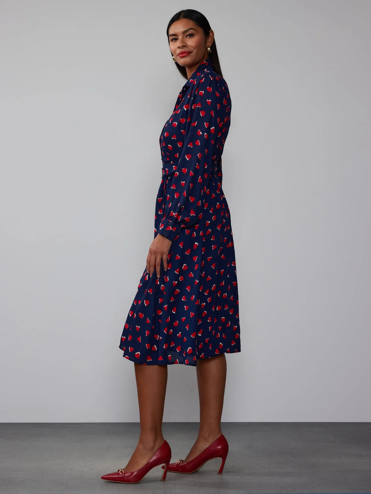 Long Sleeve Heart Print Shirt Dress