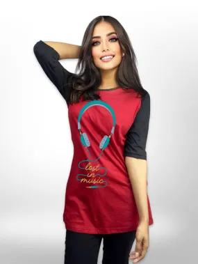 Lost Music Printed Long T-shirt Maroon Raglan Sleeve Side Pocket