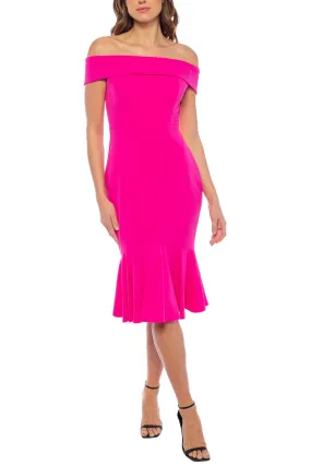 Marina Off-the-Shoulder Cap Sleeve Stretch Crepe Mermaid Midi Dress