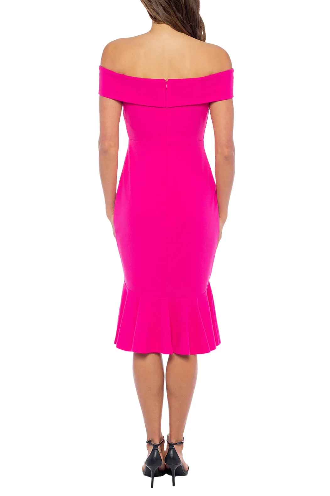 Marina Off-the-Shoulder Cap Sleeve Stretch Crepe Mermaid Midi Dress