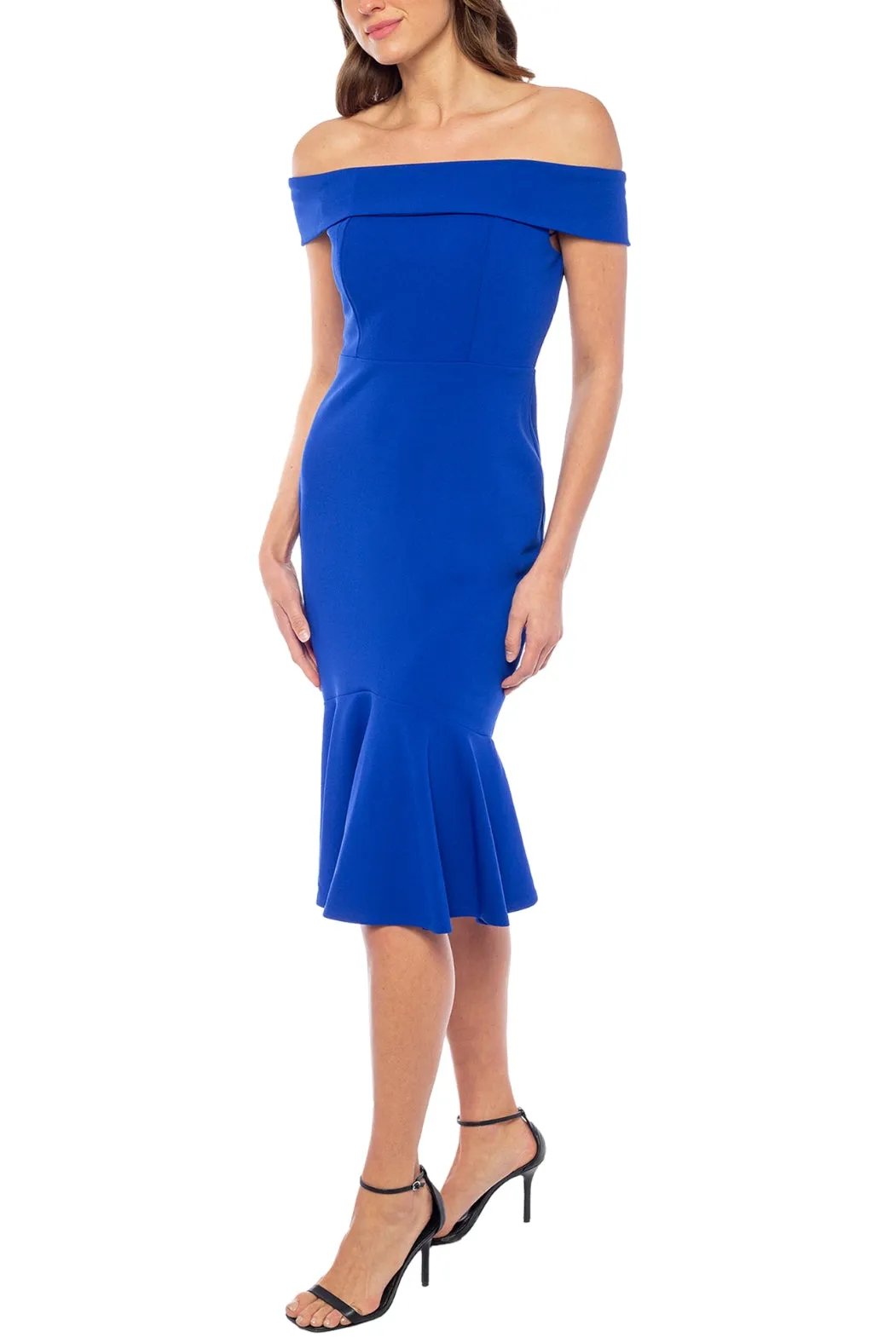 Marina Off-the-Shoulder Cap Sleeve Stretch Crepe Mermaid Midi Dress