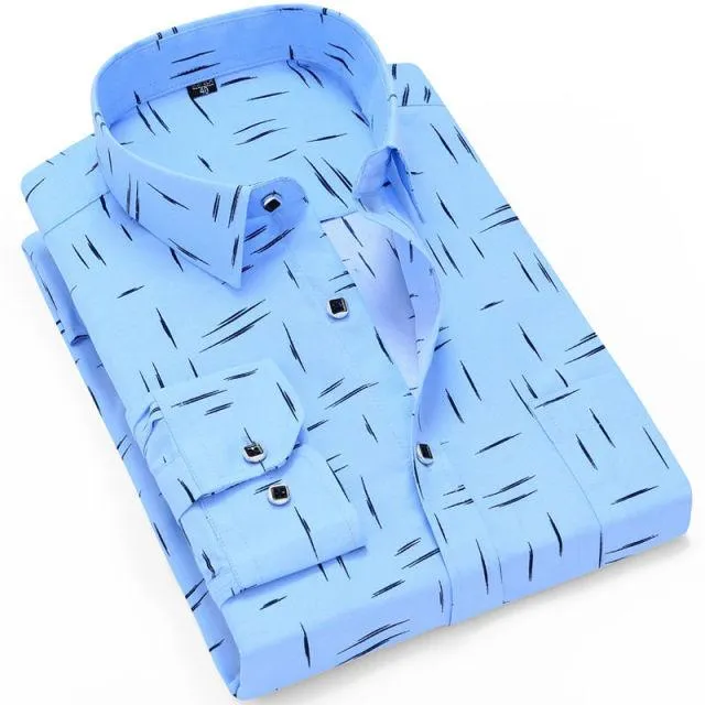 Men Fashion Casual Long Sleeved Printed Slim Fit Business Dress Shirt