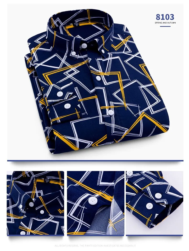 Men Fashion Casual Long Sleeved Printed Slim Fit Business Dress Shirt