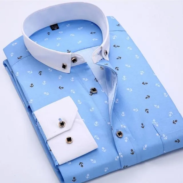 Men Fashion Casual Long Sleeved Printed Slim Fit Business Dress Shirt