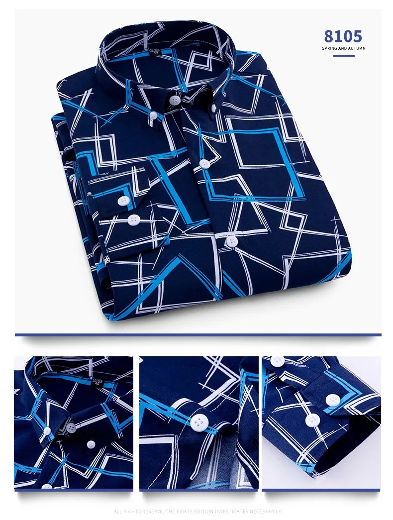Men Fashion Casual Long Sleeved Printed Slim Fit Business Dress Shirt