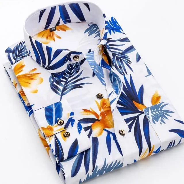 Men Fashion Casual Long Sleeved Printed Slim Fit Business Dress Shirt