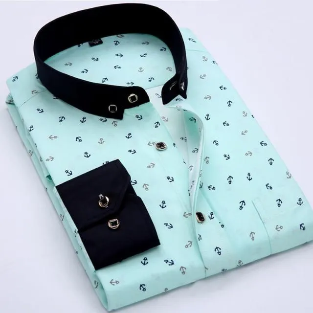 Men Fashion Casual Long Sleeved Printed Slim Fit Business Dress Shirt