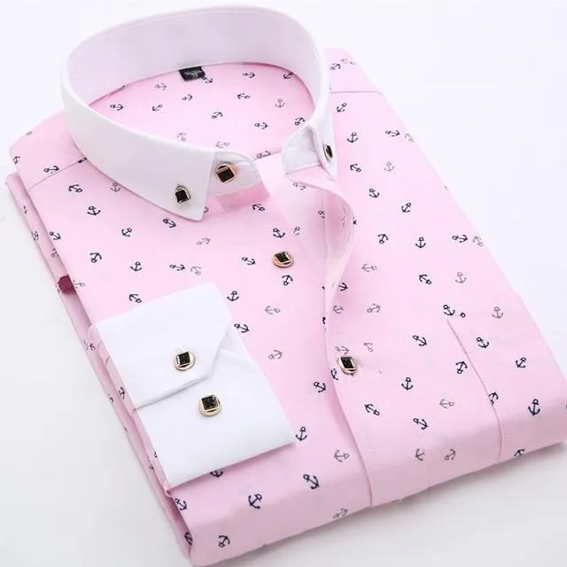 Men Fashion Casual Long Sleeved Printed Slim Fit Business Dress Shirt