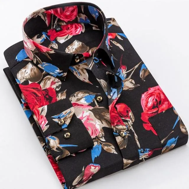 Men Fashion Casual Long Sleeved Printed Slim Fit Business Dress Shirt