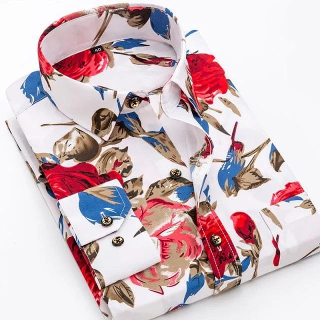 Men Fashion Casual Long Sleeved Printed Slim Fit Business Dress Shirt