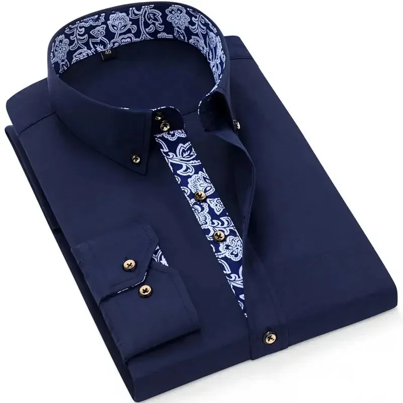 Men's Business Casual Long Sleeve Shirt Slim-fit - Blue and White Porcelain Collar - Formal Cotton Shirt