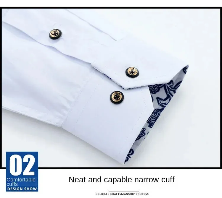 Men's Business Casual Long Sleeve Shirt Slim-fit - Blue and White Porcelain Collar - Formal Cotton Shirt