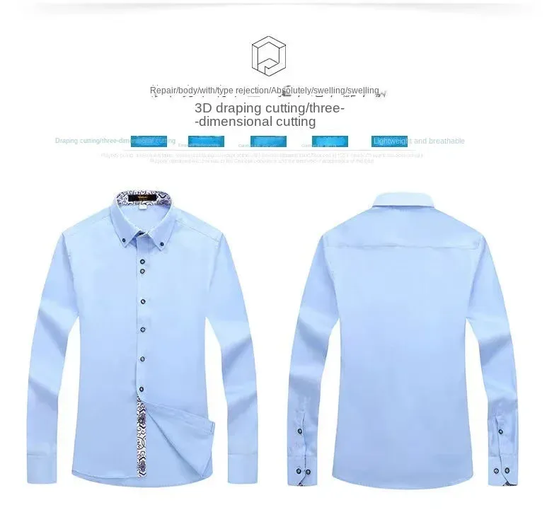 Men's Business Casual Long Sleeve Shirt Slim-fit - Blue and White Porcelain Collar - Formal Cotton Shirt