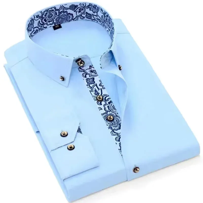 Men's Business Casual Long Sleeve Shirt Slim-fit - Blue and White Porcelain Collar - Formal Cotton Shirt